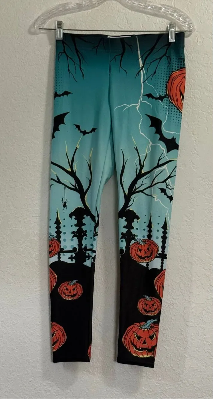Fiercepulse Pumpkin Bat Dead Tree Print Leggings Halloween Small